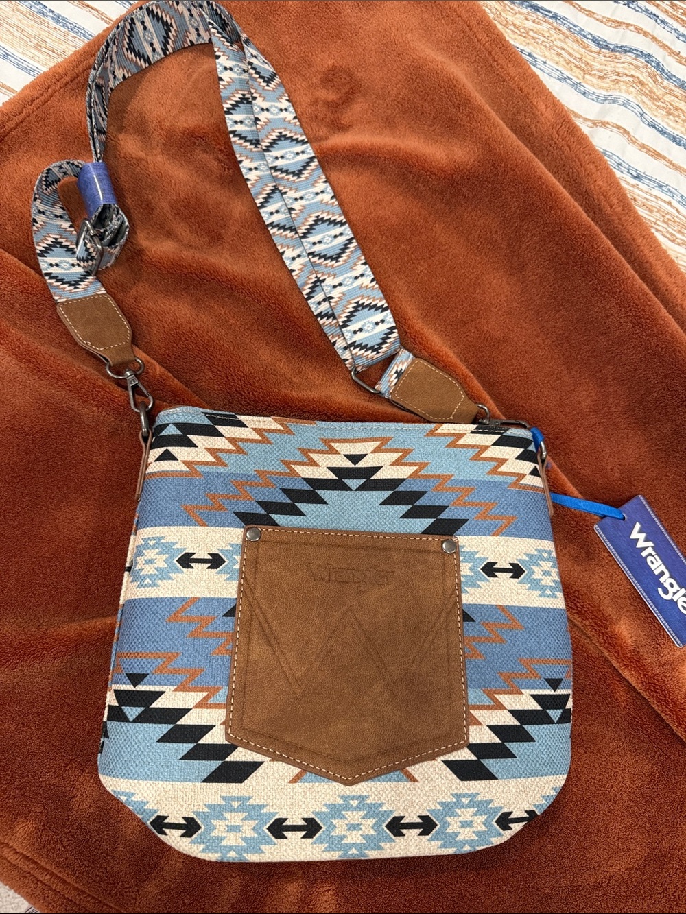 Wrangler Aztec Messenger Bag in Blue and Brown
